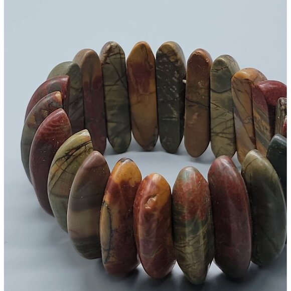 Natural Jasper Stretch Bracelet Multicolor Half Moon Wedges Green Red Orange 8" - Picture 4 of 15